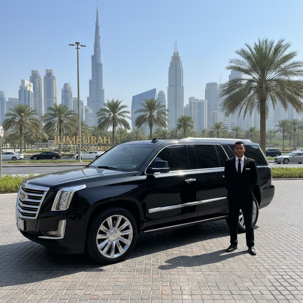 Cadillac Chauffeur service in Dubai with professional driver and luxury SUV