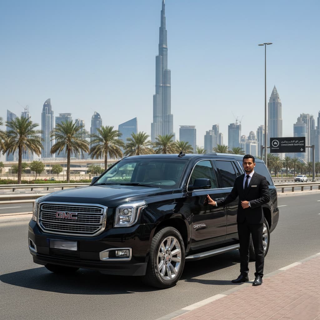 A black GMC Yukon chauffeur service vehicle parked in Dubai, with a professional chauffeur in a black suit holding the door open against a modern skyline of skyscrapers and palm-lined streets.
