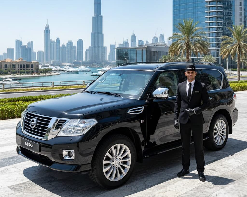 A man in a suit stands beside a black SUV, representing a Nissan chauffeur service in Dubai.