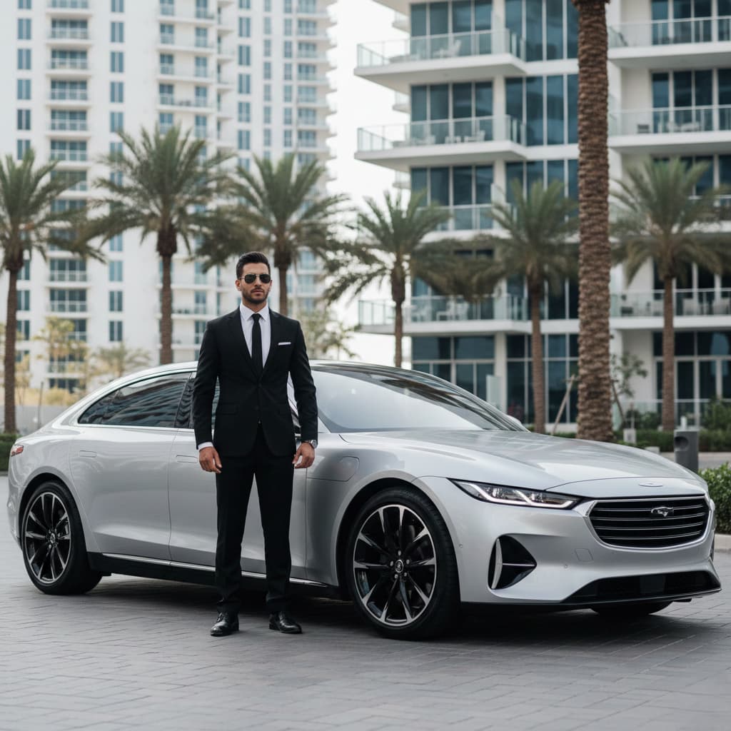 A professional chauffeur standing beside a silver luxury electric sedan in a modern residential complex.