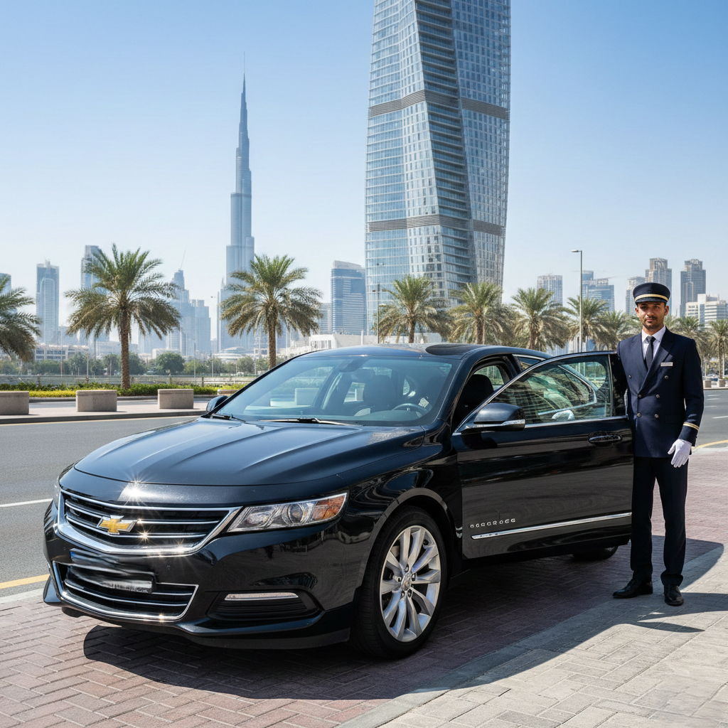 A sleek, black Chevrolet Impala sedan parked on a paved Dubai street with a professional chauffeur in a formal navy uniform standing by the open passenger door. The Burj Khalifa and modern skyscrapers are visible in the background under a clear, sunny sky.