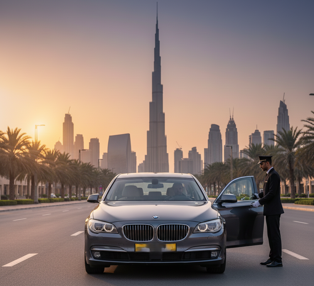 A luxury BMW 7 Series chauffeur-driven sedan stopped on a palm-lined Dubai boulevard at sunset, with a professional chauffeur opening the rear door and the Burj Khalifa visible in the background.