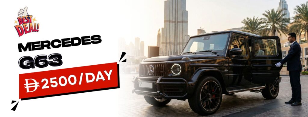 A advertisement for a black Mercedes-Benz G63 AMG luxury SUV available for rental.