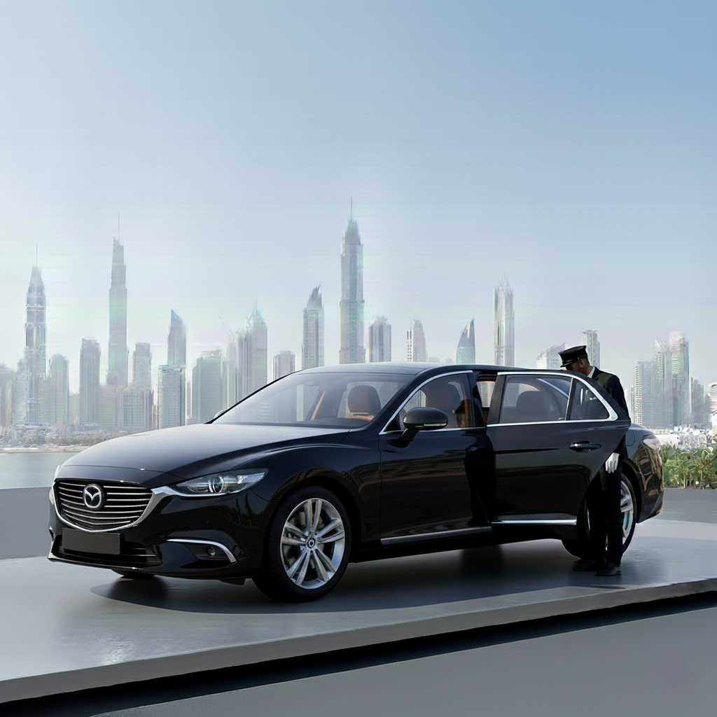 Mazda chauffeur service in Dubai featuring a luxury black Mazda sedan with a professional chauffeur opening the rear door, set against the modern Dubai skyline on a bright day.