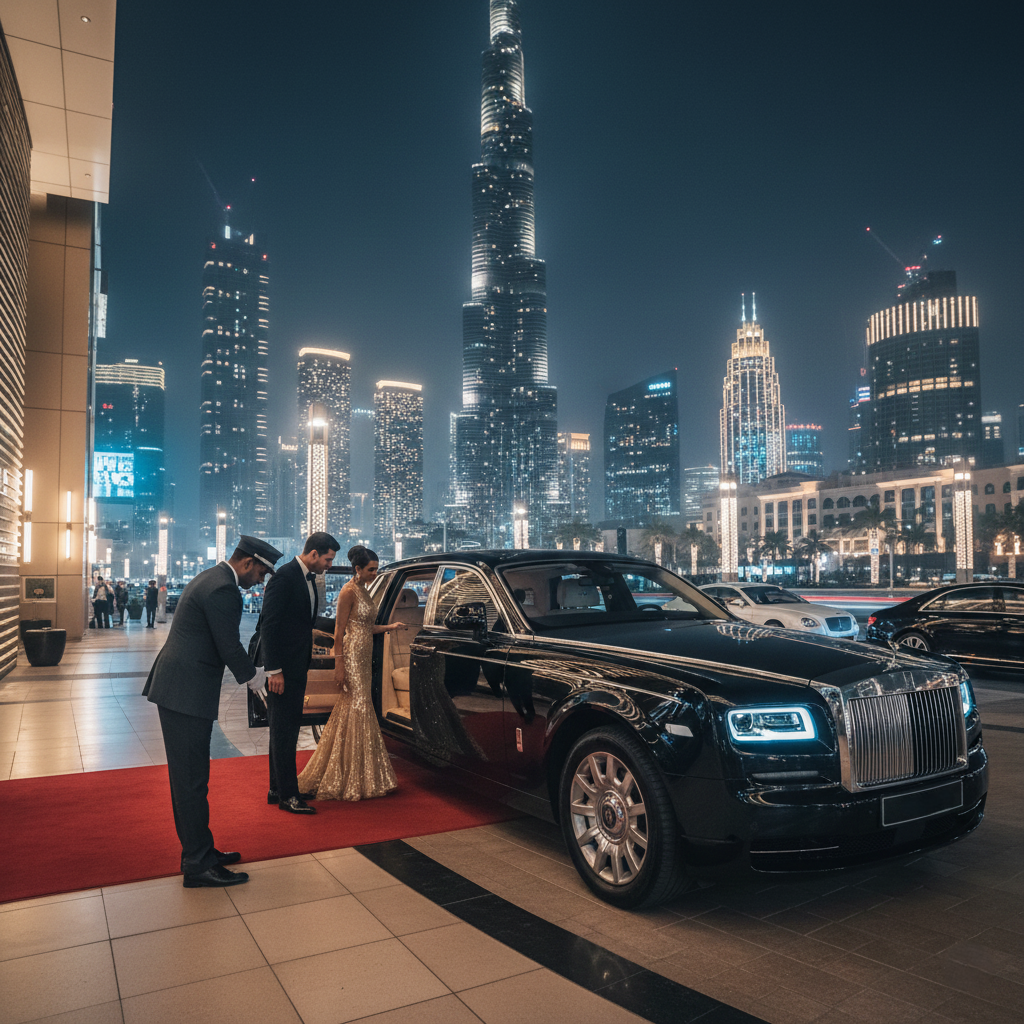 Luxury wedding cars in Dubai, showcasing an elegant event chauffeur service for a sophisticated celebration.