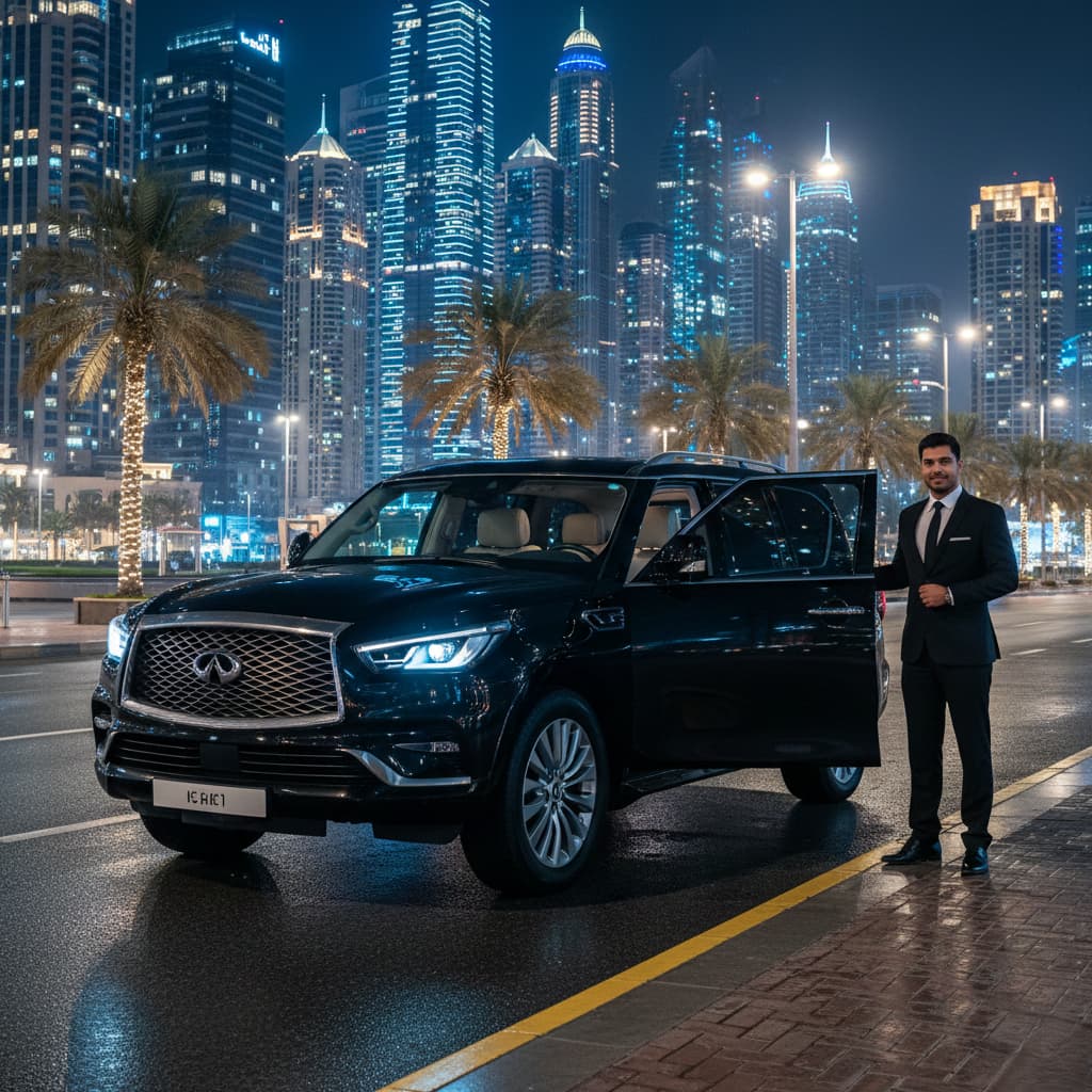 Infiniti Chauffeur Service in Dubai with a black Infiniti SUV parked at night against a modern skyline, palm-lined streets, and a professional chauffeur standing beside the open door.