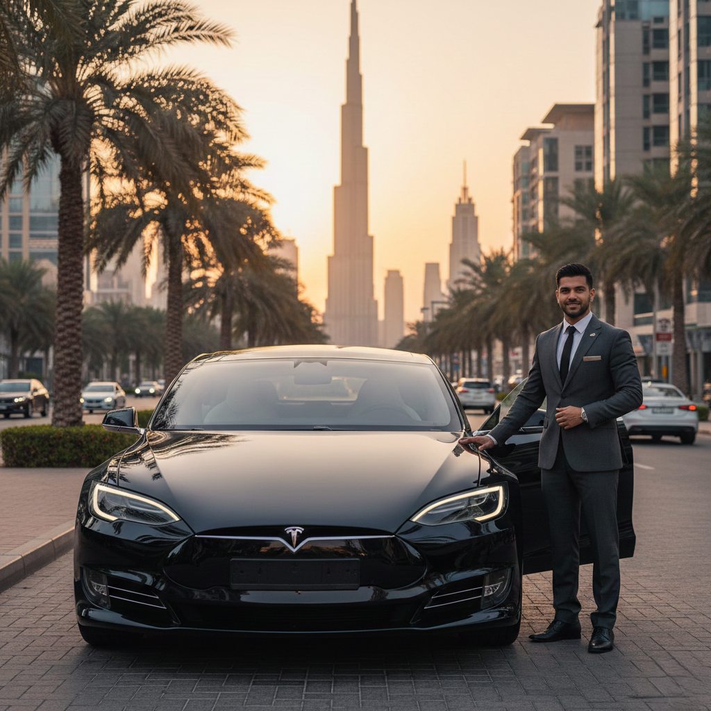 Luxury Tesla chauffeur service in Dubai with a premium electric sedan and professional driver