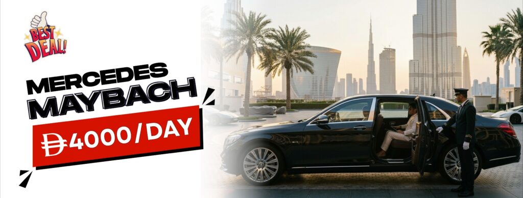 A promotional advertisement for a Mercedes-Maybach chauffeur service in Dubai.