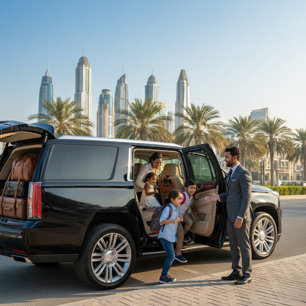 A family enters a black Cadillac SUV, ready for their chauffeur service in Dubai.