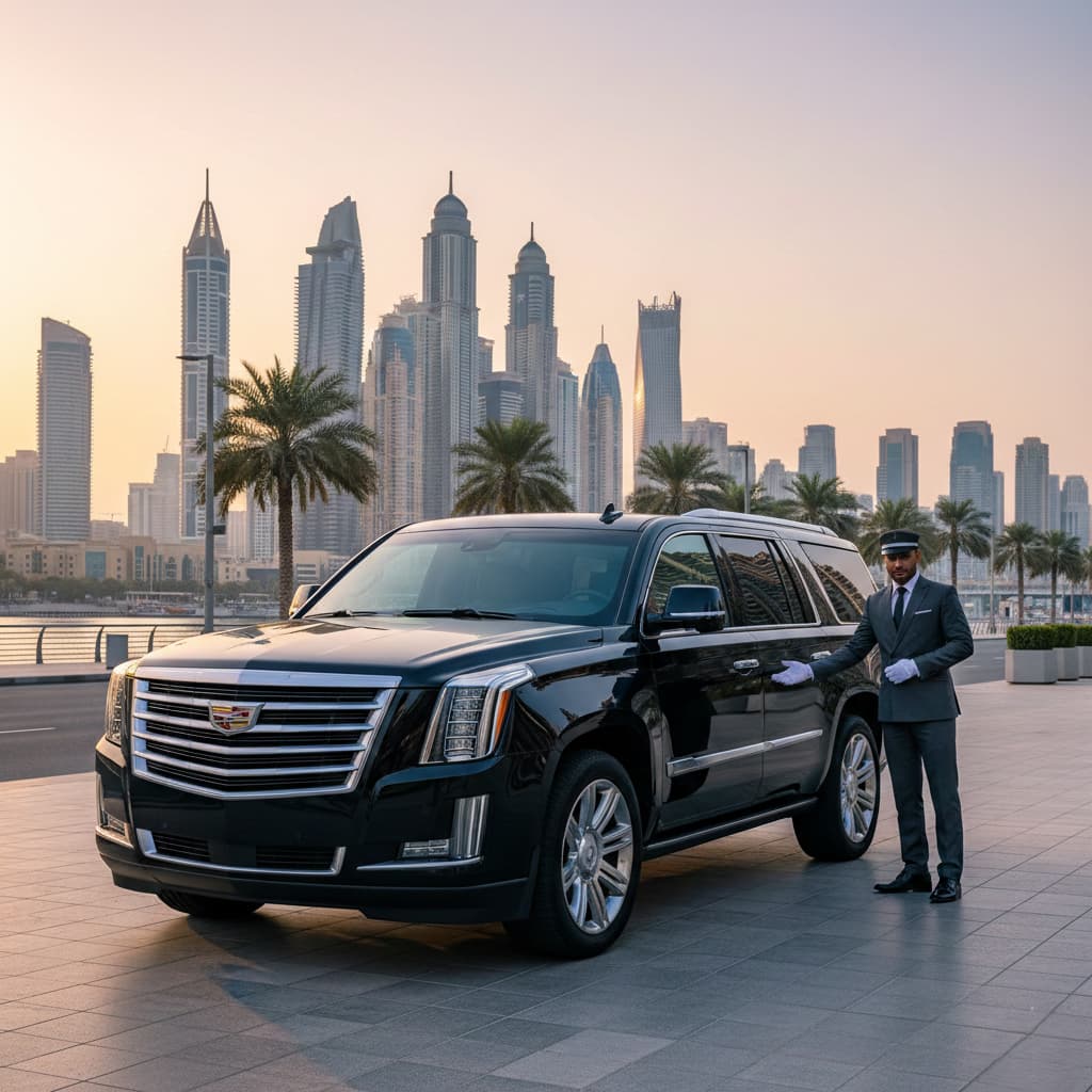 Cadillac Escalade parked in Dubai, promoting a daily chauffeur service for luxury transportation.
