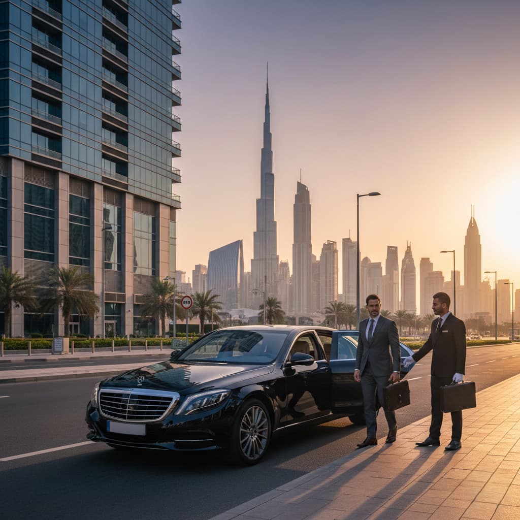 Two men in business attire stand beside a Mercedes car, promoting an hourly chauffeur service in Dubai.