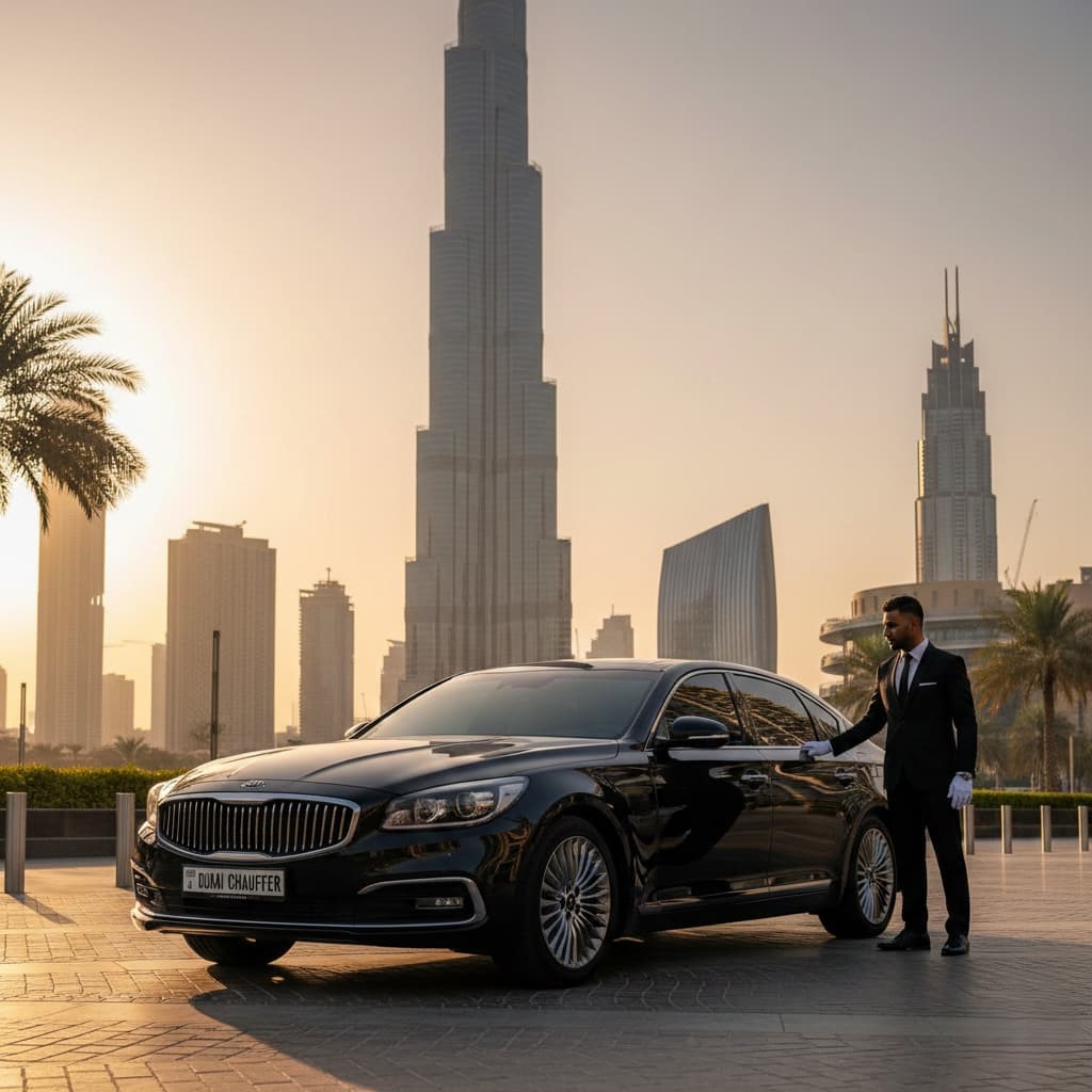 BMW 7 Series luxury car showcased with a Kia Carnival chauffeur service in Dubai.