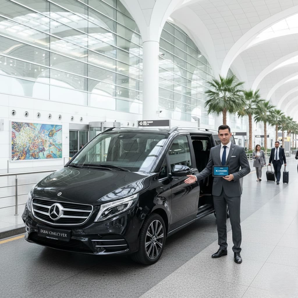 mercedes van with chauffeur service in Dubai at an airport, with a professional driver standing beside the luxury vehicle.
