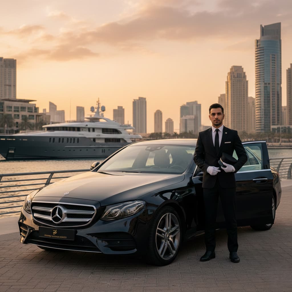 Professional driver standing beside a luxury black Mercedes-Benz sedan at a waterfront skyline, showcasing premium Mercedes chauffeur service in Dubai with elegant city views.