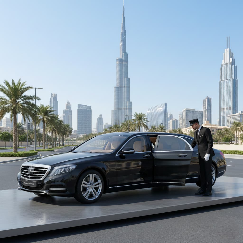 Mercedes-Benz S-Class limousine available for monthly chauffeur service in Dubai, showcasing luxury and elegance. also for real estate tours