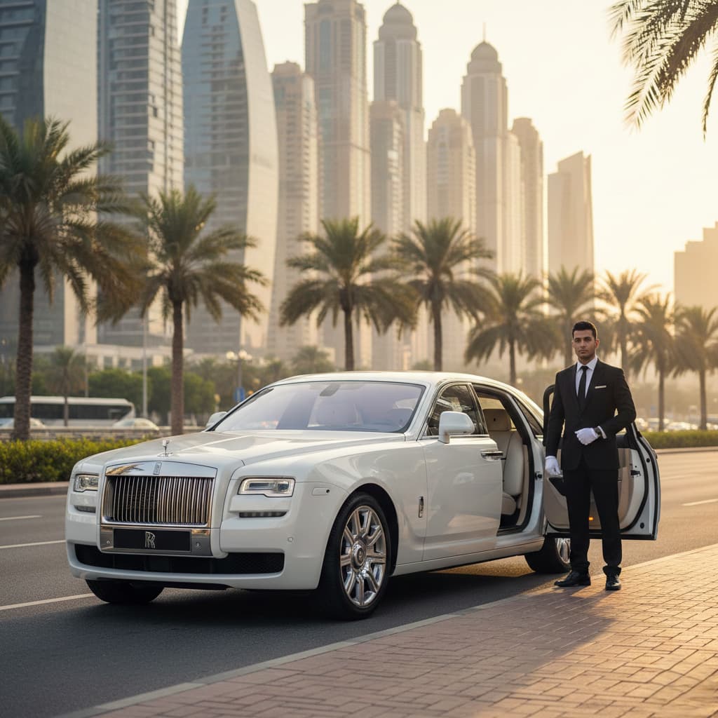 Rolls-Royce Ghost chauffeur service in Dubai with professional driver, luxury sedan parked on palm-lined city street skyline background.