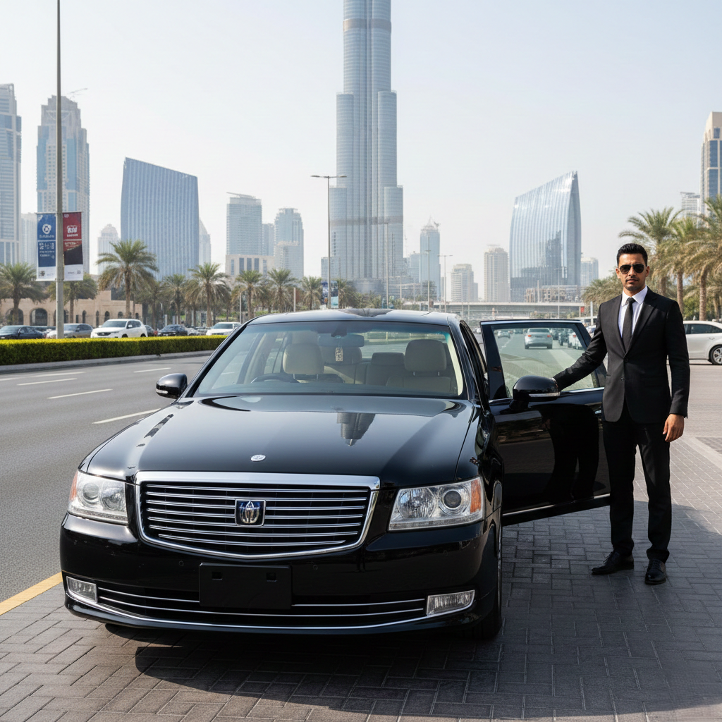 A man in a suit stands beside a black limousine, representing a Toyota chauffeur service in Dubai.