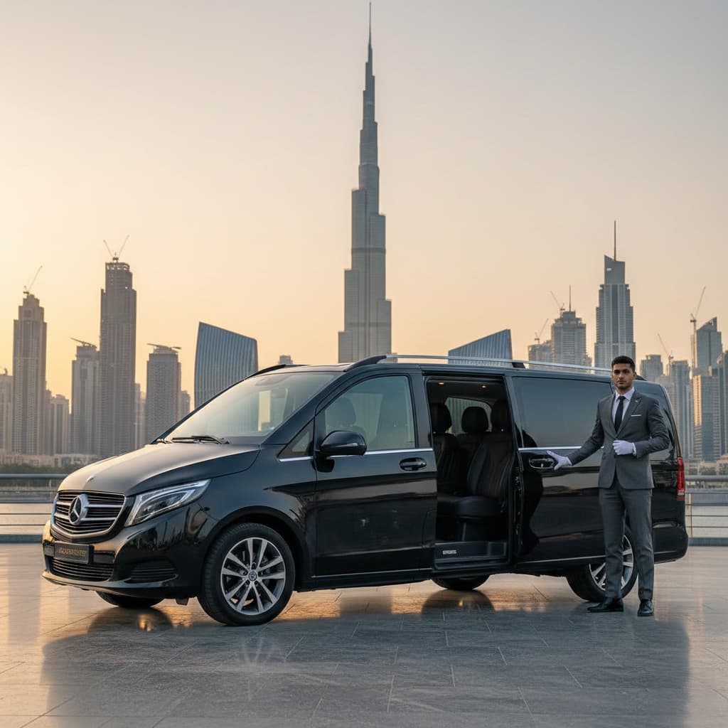 Mercedes-Benz V-Class limousine parked in Dubai, showcasing luxury van chauffeur service in dubai premium travel experiences.