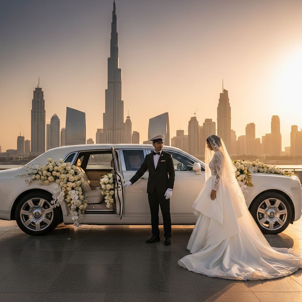 Wedding chauffeur service in Dubai featuring a luxury white limousine decorated with flowers, a professional chauffeur opening the door for a bride, with the Dubai skyline and Burj Khalifa in the background.