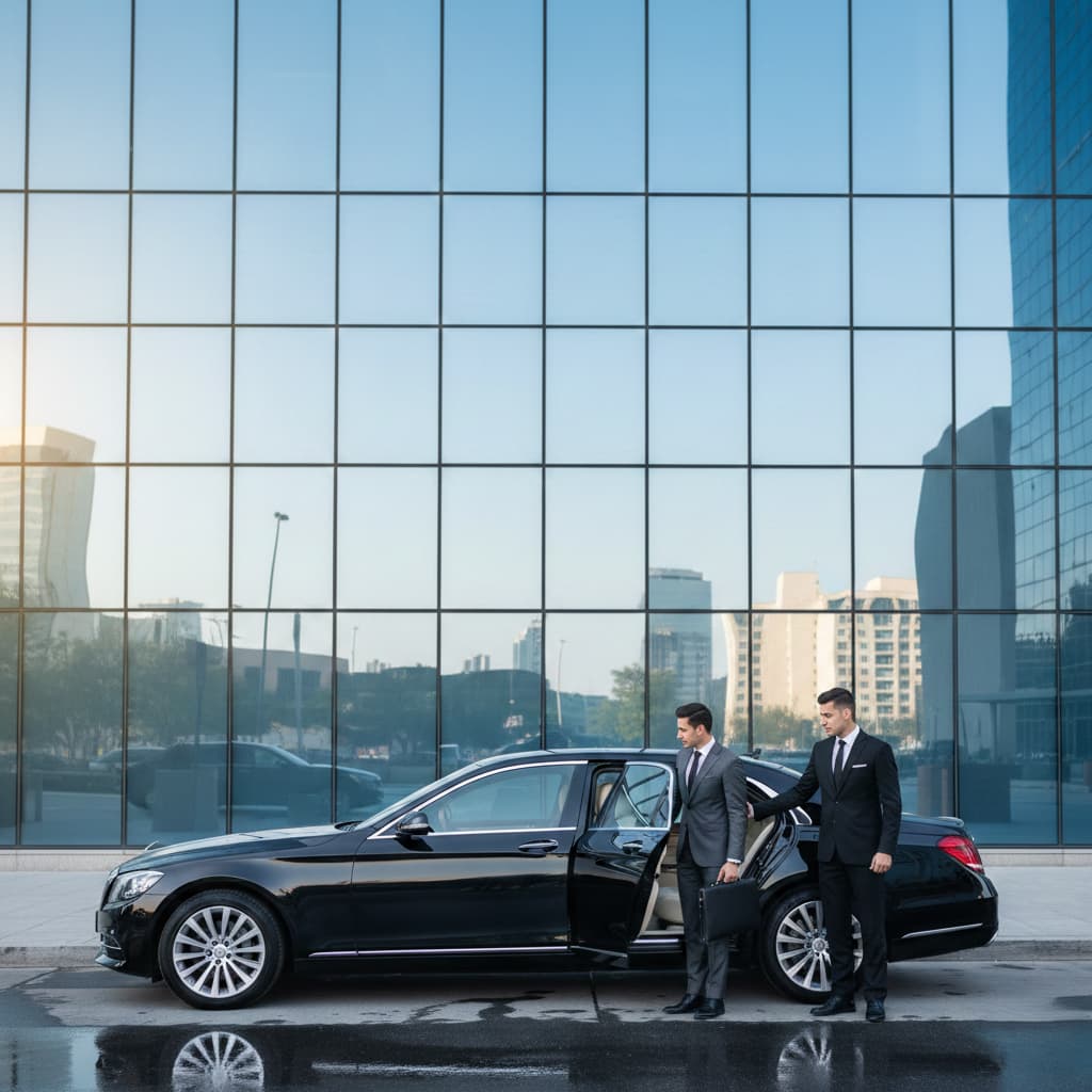 Two businessmen stand beside a Mercedes car, promoting a weekly chauffeur service in Dubai.
