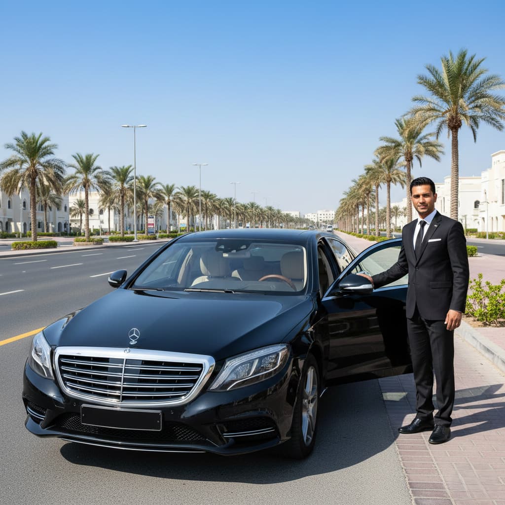 A professional chauffeur service um al quwain in a black suit standing by an open door of a luxury black Mercedes-Benz sedan on a sunny, palm-lined street in Umm Al Quwain, UAE.