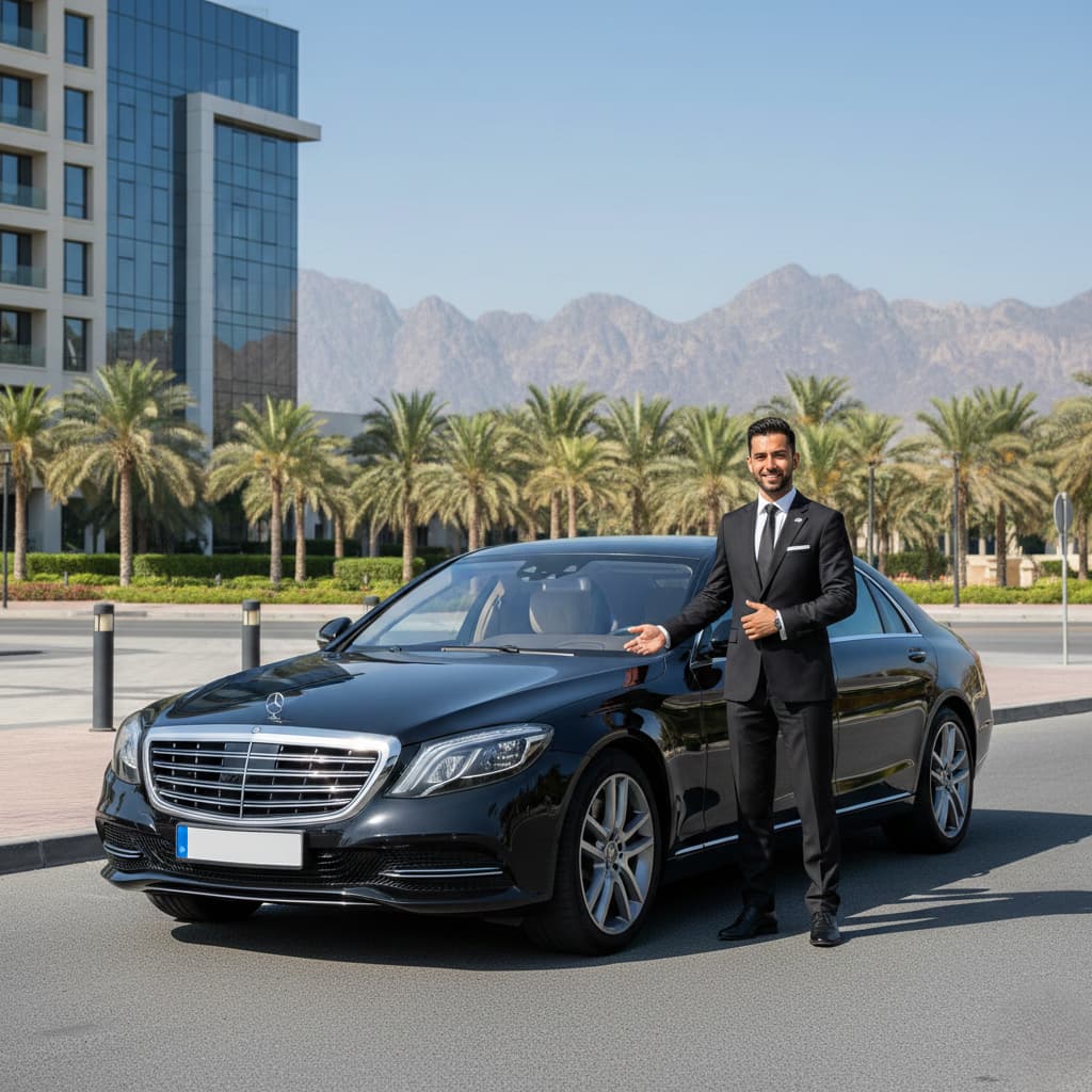 A professional chauffeur service ras al khaimah in a black suit standing next to a black Mercedes-Benz S-Class luxury sedan in Ras Al Khaimah, with palm trees and mountains in the background.