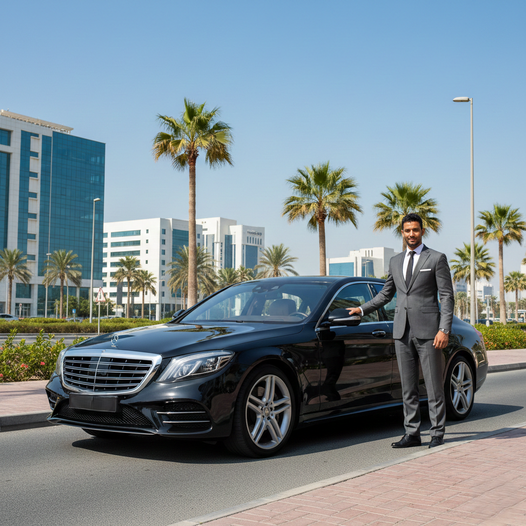 A professional chauffeur in a formal grey suit standing beside a black Mercedes-Benz S-Class on a sunny street in Fujairah, UAE, with modern buildings and palm trees in the background.