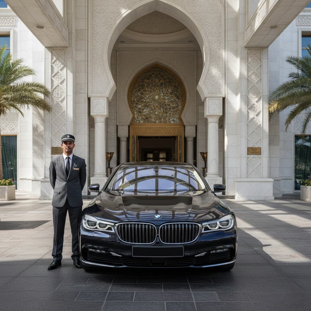 A professional chauffeur service in abu dhabi a grey suit and cap stands beside a black BMW 7 Series parked under the ornate arched entrance of a luxury hotel in Abu Dhabi.