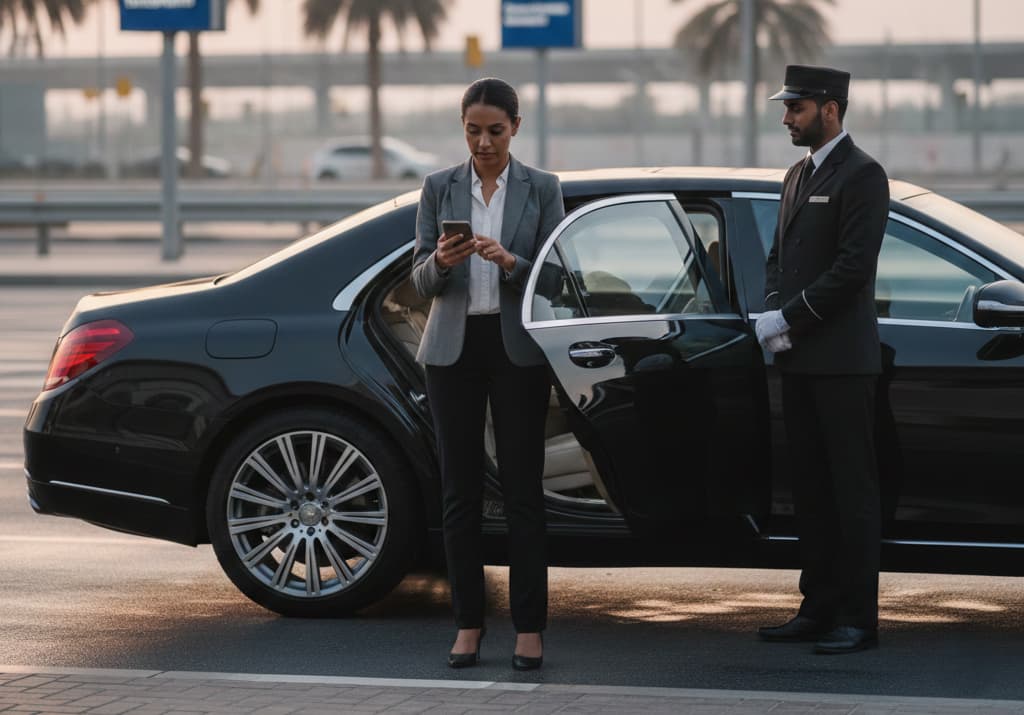 A professional female executive in a grey suit stands in the Dubai airport pickup zone, checking her smartphone while a chauffeur in a black uniform holds open the door of a black luxury sedan during a hazy sunrise.