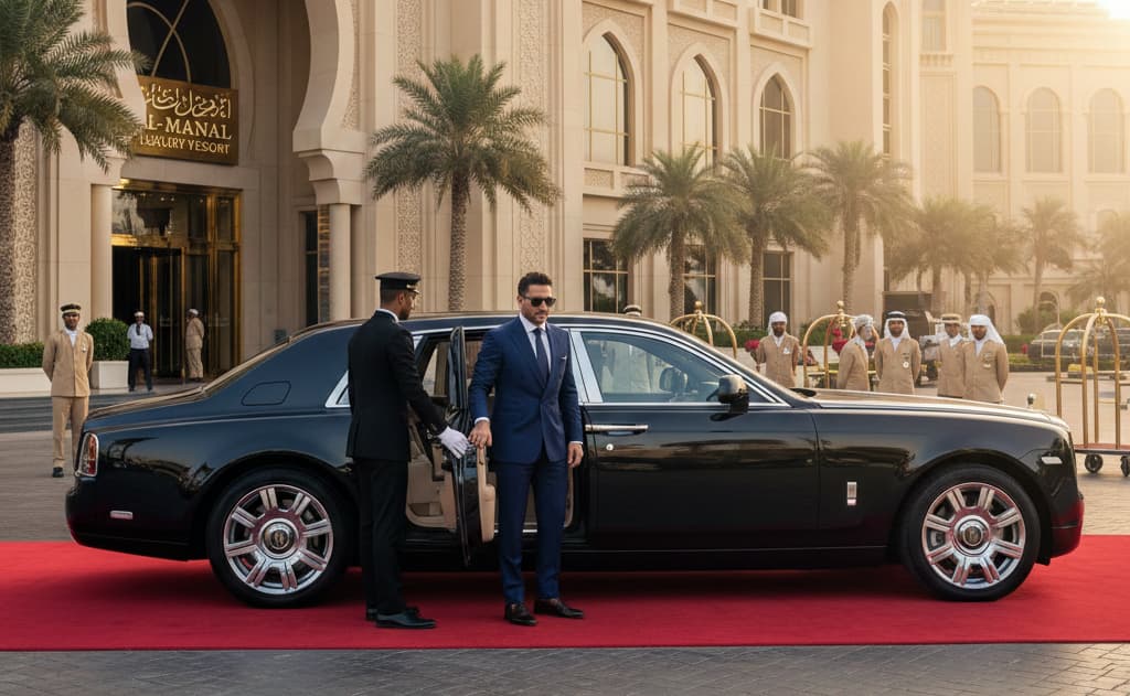 A photorealistic scene of a celebrity in a sharp blue suit stepping into a glossy black Rolls-Royce Phantom on a red carpet outside a palatial five-star Dubai hotel during golden hour.