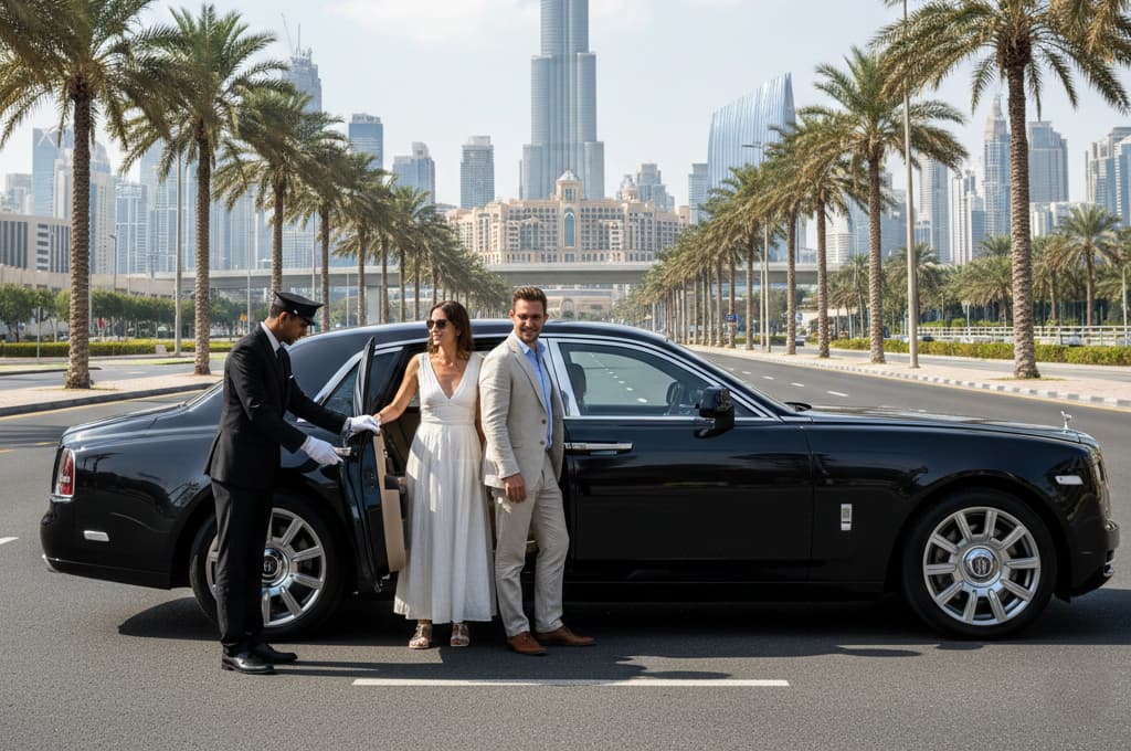A professional chauffeur in a black suit and white gloves opens the door of a black Rolls-Royce for an elegant couple, with the Burj Khalifa and Dubai skyline in the background under a clear blue sky.