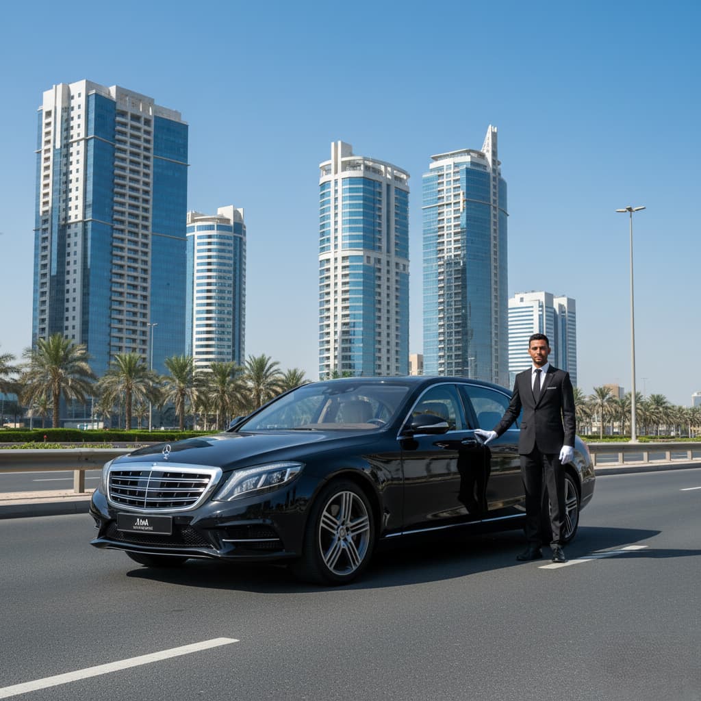 A professional uniformed chauffeur service ajman in a black suit and white gloves standing beside a luxury black sedan on a modern road in Ajman, UAE, with skyscrapers and palm trees in the background.