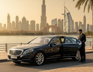 A professional chauffeur in a black suit and white gloves opens the door of a glossy black Mercedes-Benz S-Class parked on a palm-lined road in Dubai. The background features a sunset skyline including the Burj Khalifa, Burj Al Arab, and Atlantis The Palm.