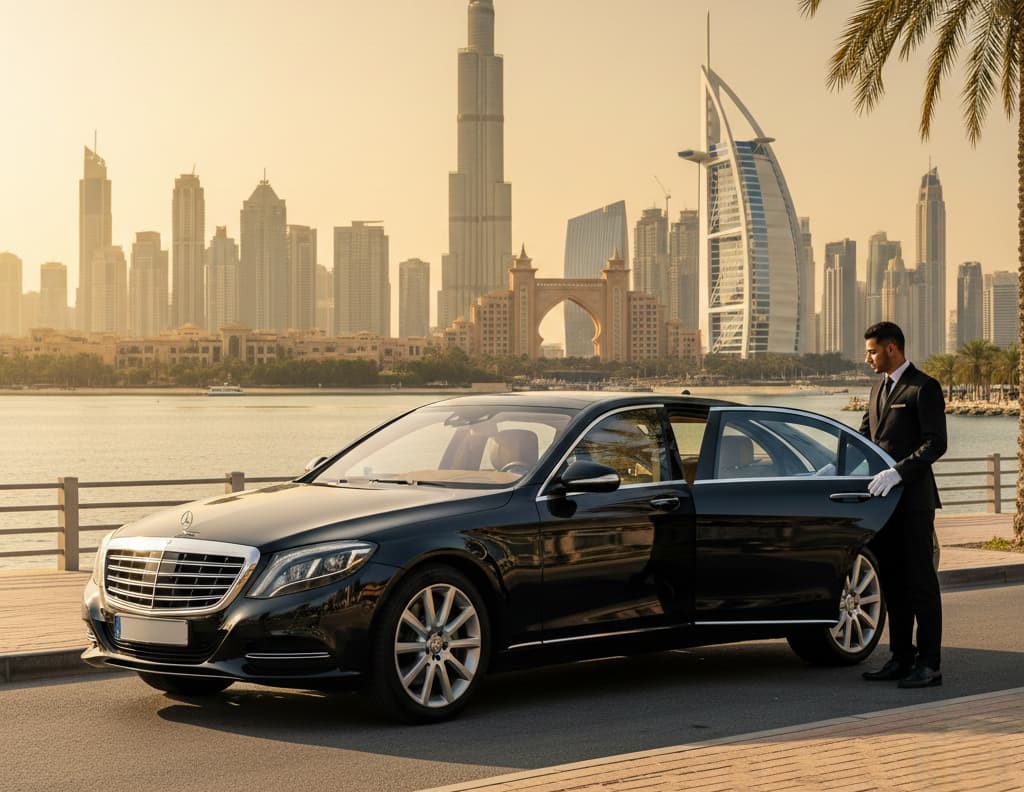 A professional chauffeur in a black suit and white gloves opens the door of a glossy black Mercedes-Benz S-Class parked on a palm-lined road in Dubai. The background features a sunset skyline including the Burj Khalifa, Burj Al Arab, and Atlantis The Palm.