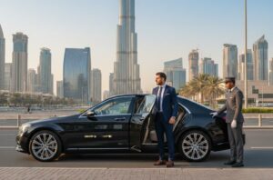 A professional businessman in a tailored navy suit stepping out of a premium black Mercedes-class sedan as a uniformed chauffeur holds the door open. The Burj Khalifa and Dubai skyline are visible under clear golden hour sunlight.
