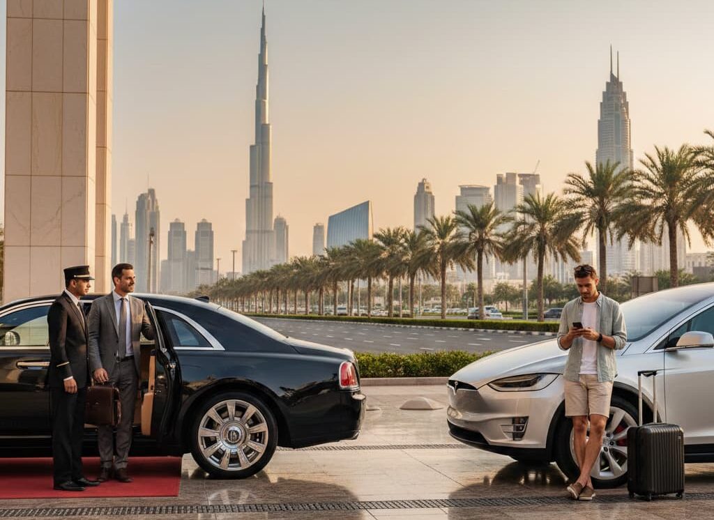 A split-screen or comparison-style image showcasing a luxury vehicle in Dubai. One side depicts a professional chauffeur in a suit opening a door for a passenger, while the other side shows a modern rental car parked near a scenic Dubai landmark like the Burj Khalifa or a desert road.
