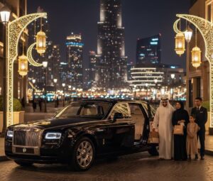 A luxury black sedan with "Premium Travel Dubai" branding parked in Downtown Dubai at night. The scene is decorated with glowing gold Ramadan lanterns and crescent moons. An Emirati family and a chauffeur stand by the car with the Burj Khalifa illuminated in the background.