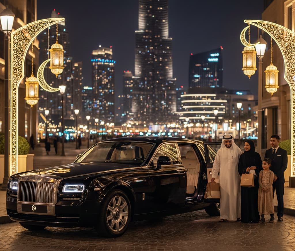 A luxury black sedan with "Premium Travel Dubai" branding parked in Downtown Dubai at night. The scene is decorated with glowing gold Ramadan lanterns and crescent moons. An Emirati family and a chauffeur stand by the car with the Burj Khalifa illuminated in the background.