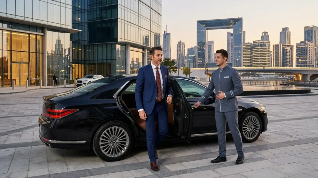 A chauffeur in a formal grey uniform holds open the door of a black luxury sedan for a businessman in a blue suit, with the Dubai Frame and modern skyline visible in the background, representing corporate chauffeur service in Dubai.