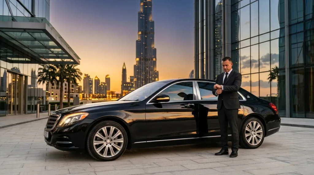 A smartly dressed chauffeur checks his watch while standing beside a black Mercedes-Benz S-Class at sunset, with the Burj Khalifa and Dubai's glass-facade buildings reflected in the background, representing hourly chauffeur service in Dubai.