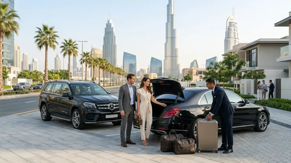 A chauffeur loads luggage into a black Mercedes-Benz S-Class while a well-dressed couple stands nearby, with a Mercedes GLS SUV and the Burj Khalifa skyline in the background, representing monthly chauffeur service in Dubai.