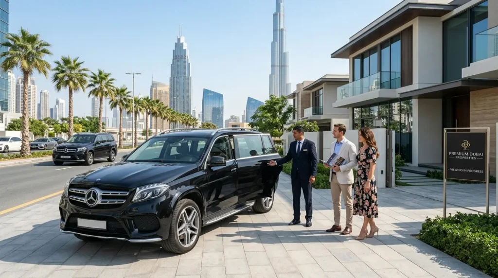 A chauffeur opens the door of a black Mercedes-Benz GLS SUV for a couple holding property brochures outside a luxury villa, with the Burj Khalifa skyline visible, representing real estate tour chauffeur service in Dubai.