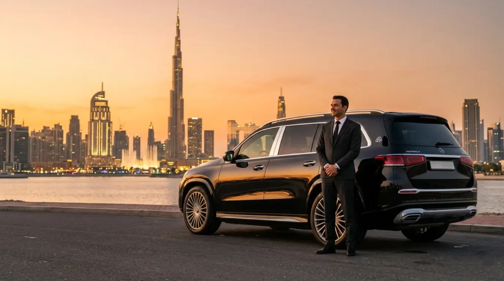 A well-groomed chauffeur in a dark suit stands confidently beside a black Mercedes-Maybach GLS SUV at sunset, with the Burj Khalifa, Dubai Fountain, and glittering skyline reflecting on the water behind him, representing SUV chauffeur service in Dubai.