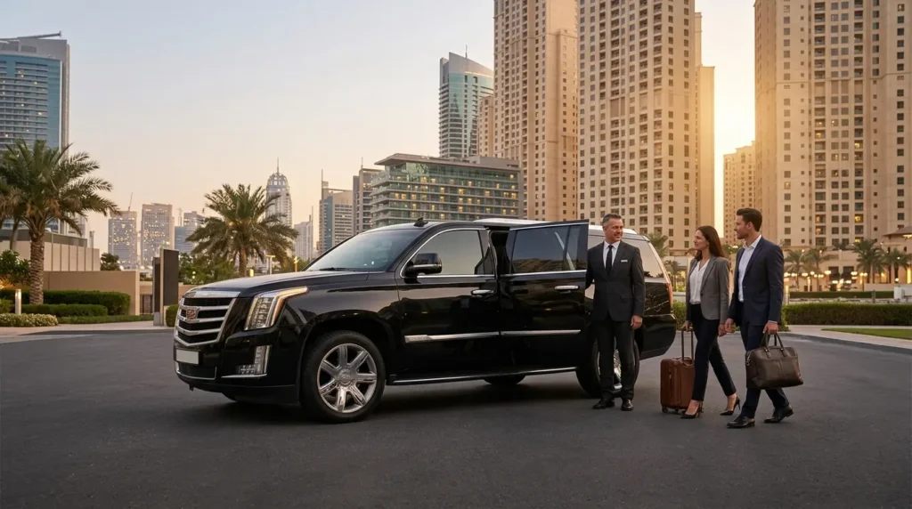 A chauffeur escorts two business professionals with luggage toward a large black Cadillac Escalade SUV at sunset, with Dubai Marina's towering skyline in the background, representing weekly chauffeur service in Dubai.